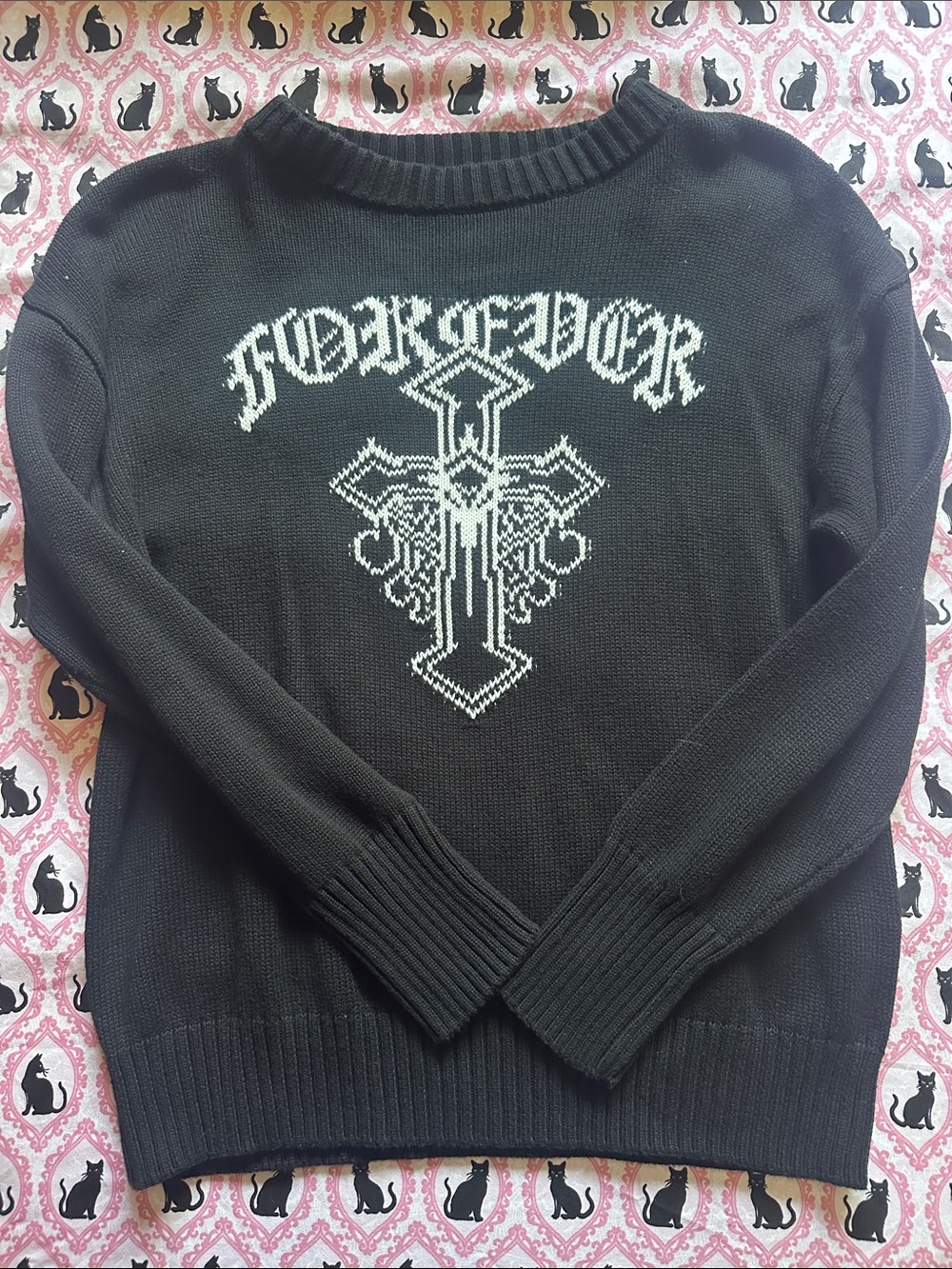 Black Crewneck Sweater with White Cross Graphic - Women